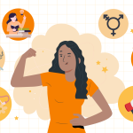 Ilustrasi kartunik perempuan melaporkan kekerasan seksual.