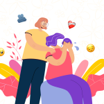 Ilustrasi kartunik perempuan sedang menerapkan Psychological First Aid kepada Korban Kekerasan Seksual