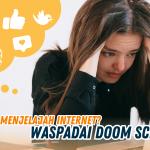 Gambar seorang perempuan menatap laptop dengan ekspresi cemas, mengilustrasikan situasi doomscrolling.