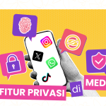Ilustrasi tangan memegang smartphone dengan aksen simbol media sosial, mengilustrasikan fitur privasi di internet.