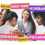 Ilustrasi berisi 5 orang perempuan yang sedang duduk melingkar saling menyemangati satu sama lain, mengilustrasikan dukungan sebagai salah satu hak remaja korban kekerasan dalam pacaran.