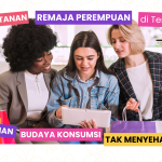 Gambar berisi tiga remaja sedang berkumpul dan melihat sebuah situs belanja online di laptop, mengilustrasikan budaya konsumsi yang tidak sehat